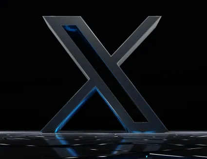 3D metallic X logo on dark background